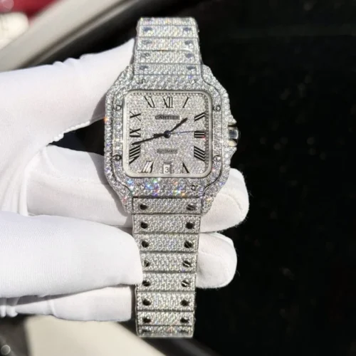 Cartier Santos Super Clone Watch with Full Diamond Moissanite